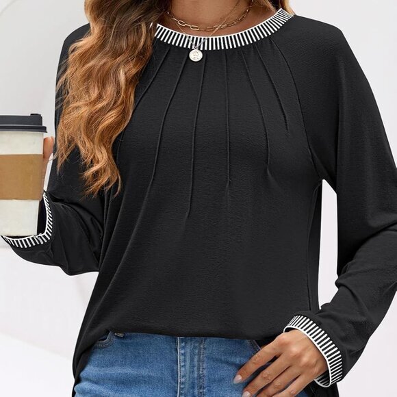 2024 Fall Women's Long Sleeve Color Black Pleated Crew Neck Casual Loose Top - Picture 1 of 6